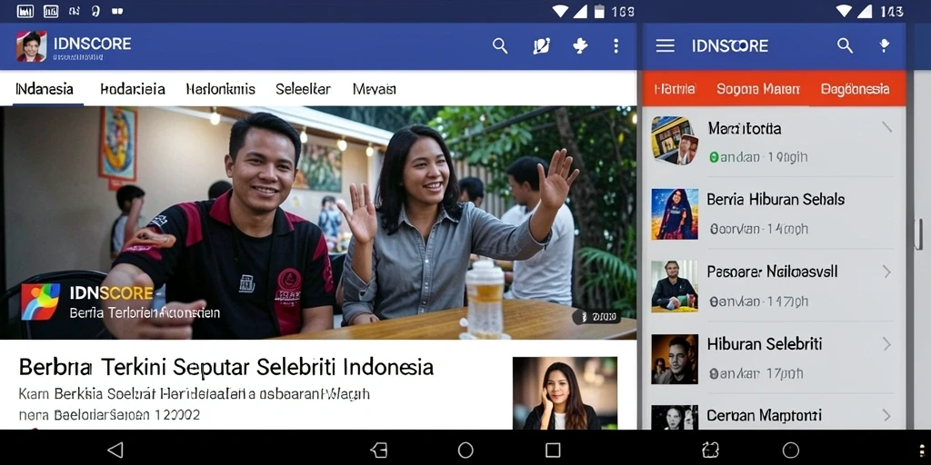 Antarmuka IDNSCORE dengan berita selebriti terkini.
